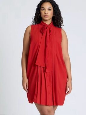 Eloquii Red Tie-Neck Pleated Dress
